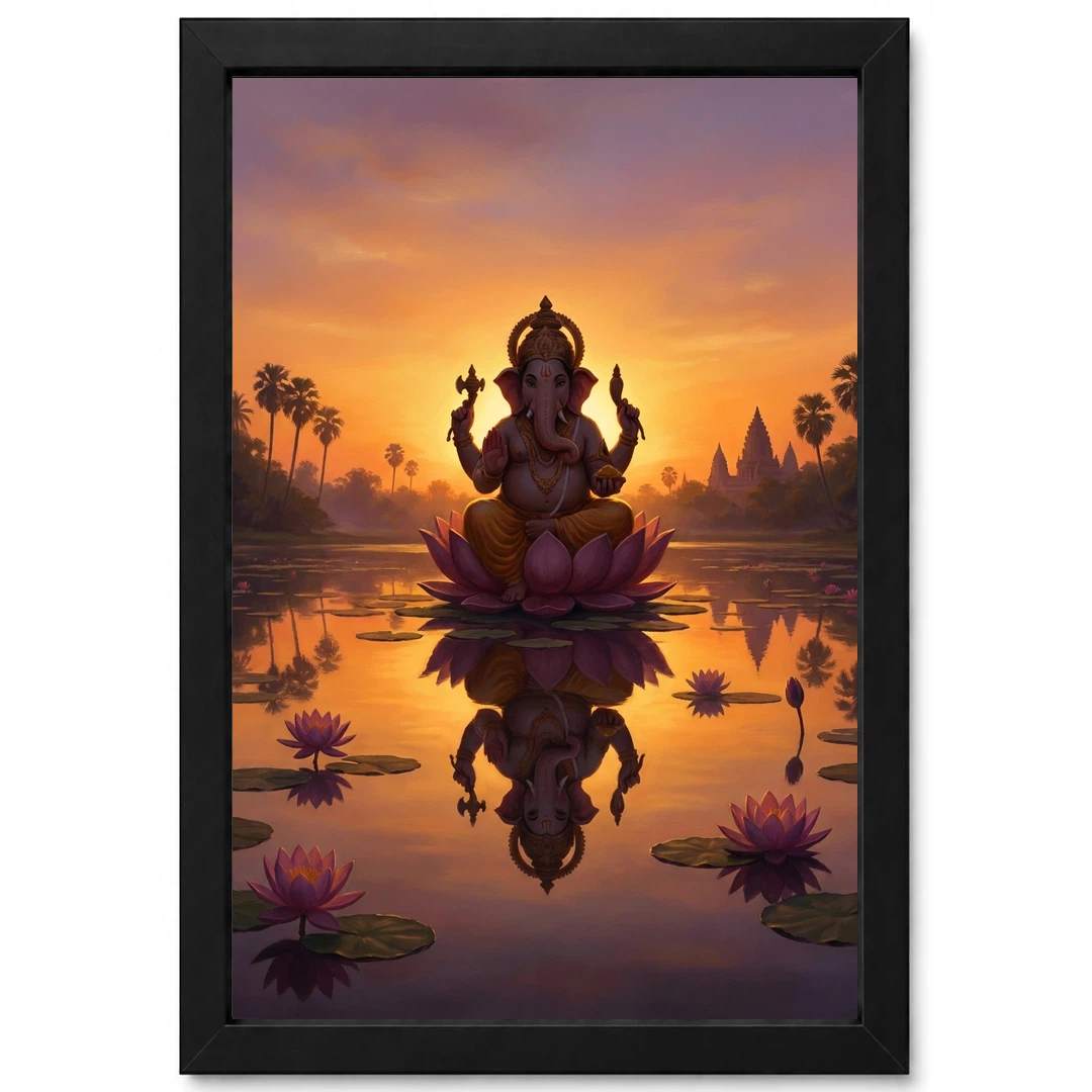Ganesha Sunrise Lotus Pond Golden Morning Digital Art Photo Frame 1 Ganesha Sunrise Lotus Pond Golden Morning Digital Art Photo Frame