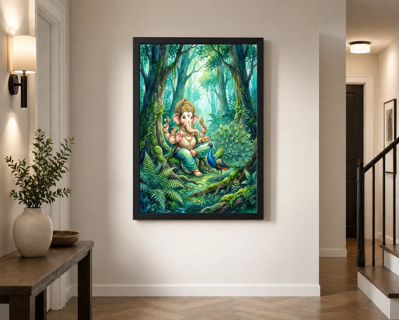 Ganesha With Peacock Forest Watercolor Vibrant Art Photo Frame 3 Ganesha With Peacock Forest Watercolor Vibrant Art Photo Frame - Image 3