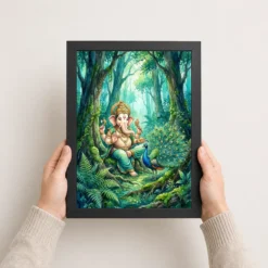 Ganesha With Peacock Forest Watercolor Vibrant Art Photo Frame 11 ganesha with peacock forest watercolor vibrant art 13 black 3