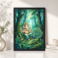 Alternative view of Ganesha With Peacock Forest Watercolor Vibrant Art Photo Frame