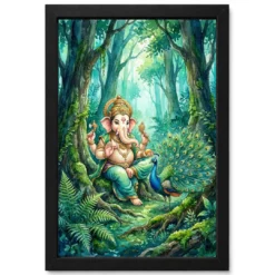 Ganesha With Peacock Forest Watercolor Vibrant Art Photo Frame