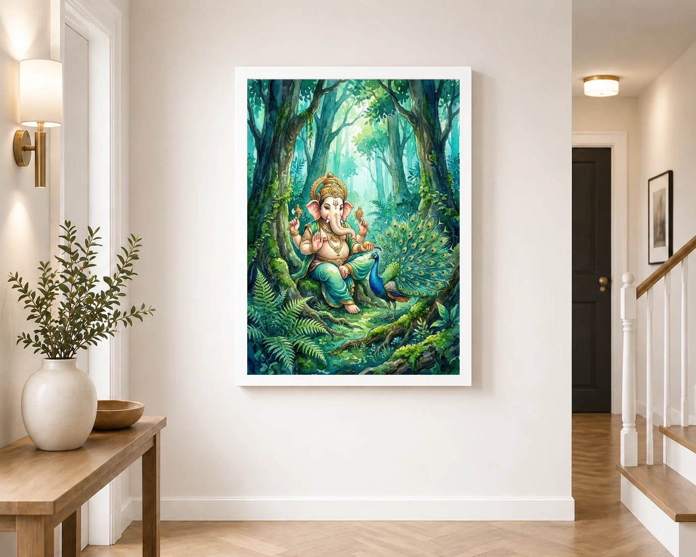 Ganesha With Peacock Forest Watercolor Vibrant Art Photo Frame 7 Ganesha With Peacock Forest Watercolor Vibrant Art Photo Frame - Image 7