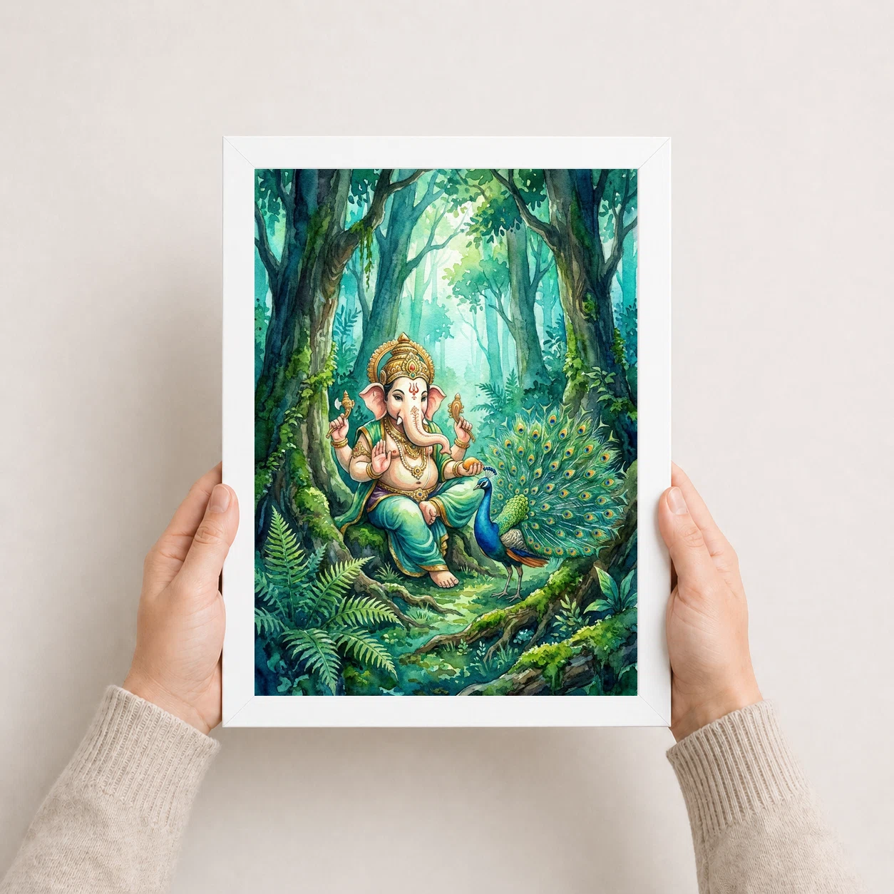 Ganesha With Peacock Forest Watercolor Vibrant Art Photo Frame 8 Ganesha With Peacock Forest Watercolor Vibrant Art Photo Frame - Image 8