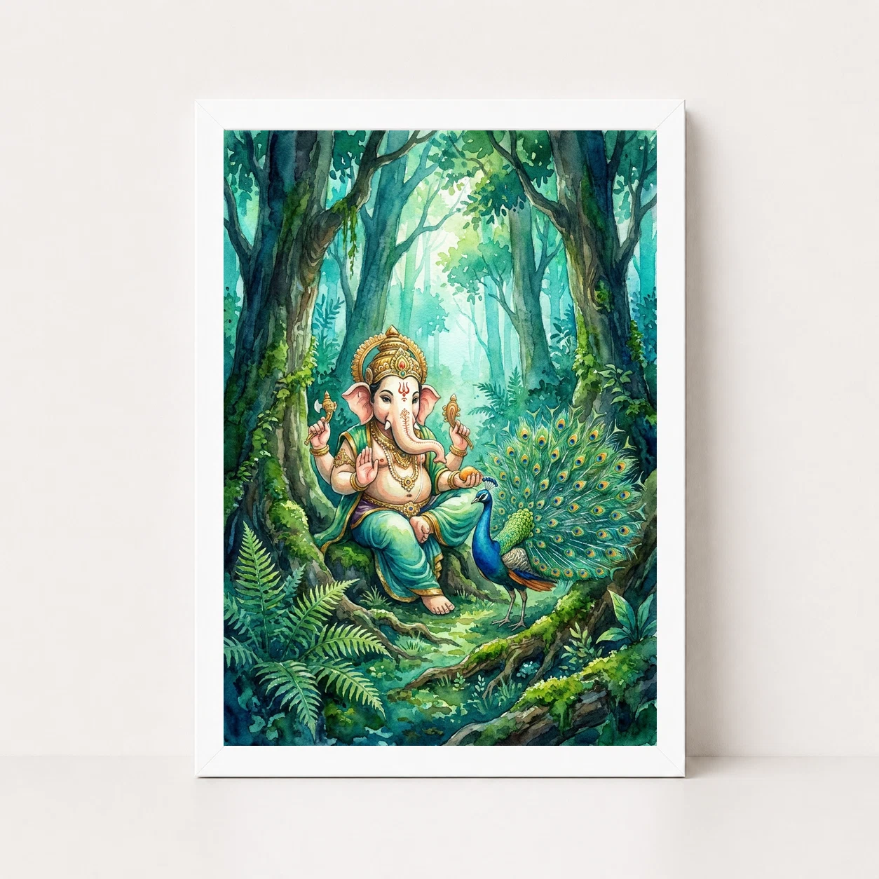 Ganesha With Peacock Forest Watercolor Vibrant Art Photo Frame 6 Ganesha With Peacock Forest Watercolor Vibrant Art Photo Frame - Image 6