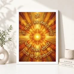 Alternative view of Gayatri Mantra Sacred Art Sun Rays Sanskrit Gold Orange Art Photo Frame