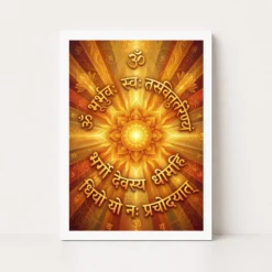 gayatri mantra sacred art sun rays sanskrit gold orange art 02 white main