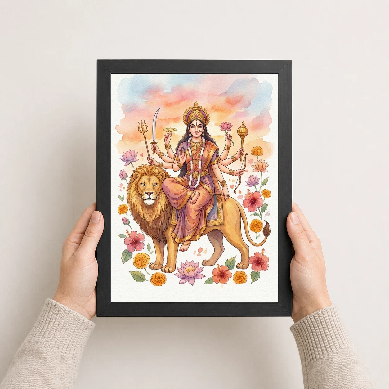 Goddess Durga Watercolor Lion Sunset Serene Powerful Art Photo Frame 4 Goddess Durga Watercolor Lion Sunset Serene Powerful Art Photo Frame - Image 4