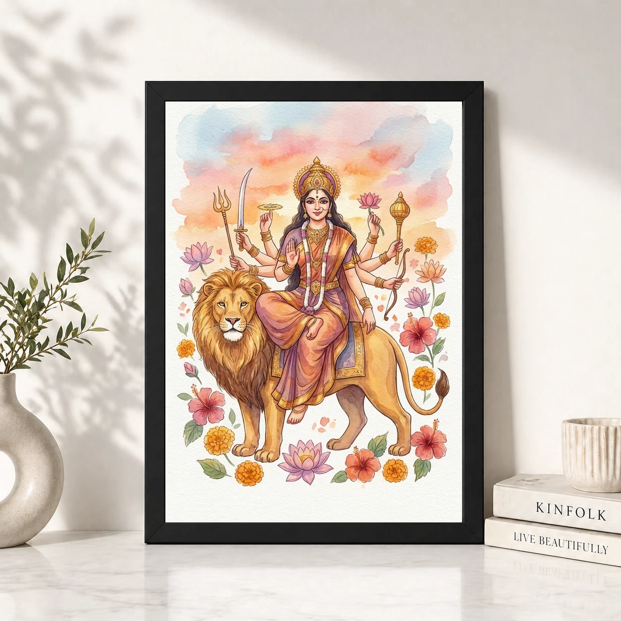 Goddess Durga Watercolor Lion Sunset Serene Powerful Art Photo Frame 2 Goddess Durga Watercolor Lion Sunset Serene Powerful Art Photo Frame - Image 2