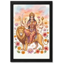 Goddess Durga Watercolor Lion Sunset Serene Powerful Art Photo Frame