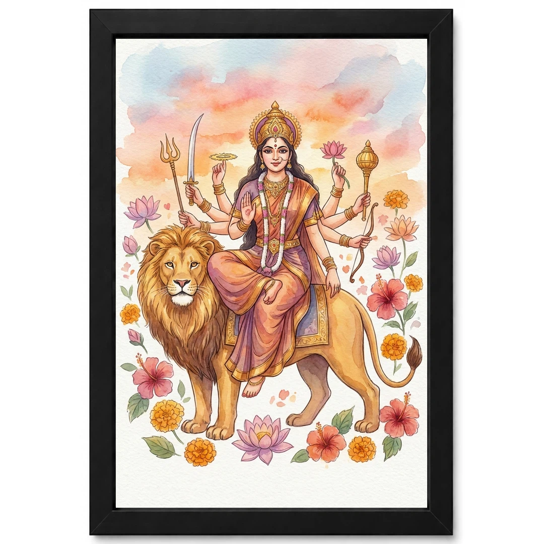 Goddess Durga Watercolor Lion Sunset Serene Powerful Art Photo Frame 1 Goddess Durga Watercolor Lion Sunset Serene Powerful Art Photo Frame