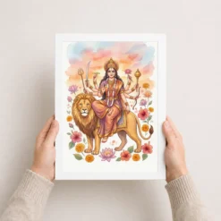 Goddess Durga Watercolor Lion Sunset Serene Powerful Art Photo Frame 15 goddess durga watercolor lion sunset serene powerful art 03 white 3