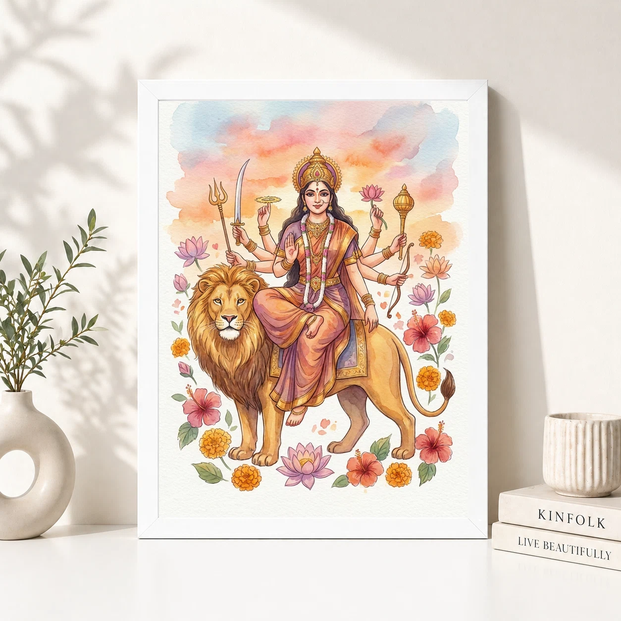 Goddess Durga Watercolor Lion Sunset Serene Powerful Art Photo Frame 5 Goddess Durga Watercolor Lion Sunset Serene Powerful Art Photo Frame - Image 5
