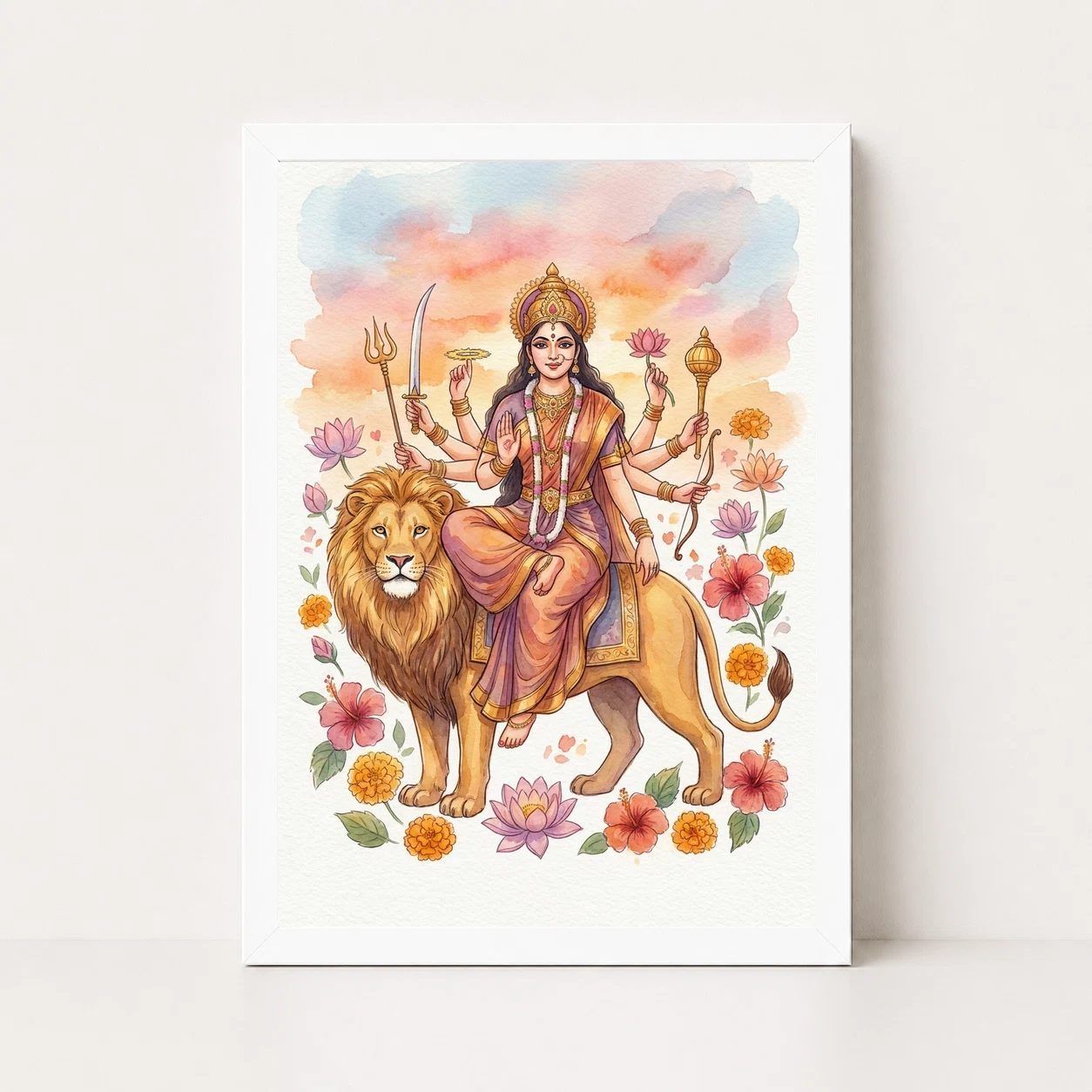 Goddess Durga Watercolor Lion Sunset Serene Powerful Art Photo Frame 6 Goddess Durga Watercolor Lion Sunset Serene Powerful Art Photo Frame - Image 6
