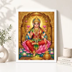 Alternative view of Goddess Lakshmi Tanjore Lotus Throne Gold Coins Divine Art Photo Frame