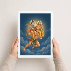 hanuman carrying ram laxman flying blue sky devotional art 14 white 3