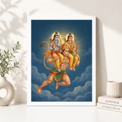 hanuman carrying ram laxman flying blue sky devotional art 14 white 4
