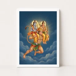 hanuman carrying ram laxman flying blue sky devotional art 14 white main