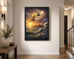 hanuman flying ocean lanka golden glow ramayana art 03 black 2