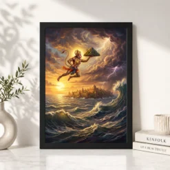 hanuman flying ocean lanka golden glow ramayana art 03 black 4