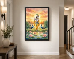 krishna flute peacock lotus golden sunset watercolor art 06 black 2