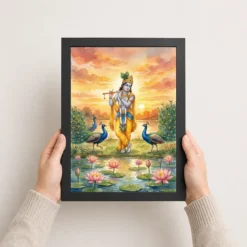 krishna flute peacock lotus golden sunset watercolor art 06 black 3