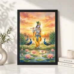 krishna flute peacock lotus golden sunset watercolor art 06 black 4