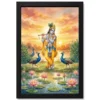 krishna flute peacock lotus golden sunset watercolor art 06 black main
