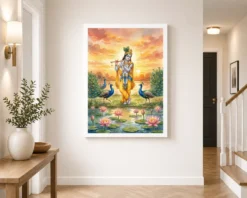 krishna flute peacock lotus golden sunset watercolor art 06 white 2