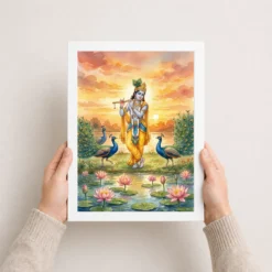 krishna flute peacock lotus golden sunset watercolor art 06 white 3