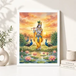 Alternative view of Krishna Flute Peacock Lotus Golden Sunset Watercolor Art Photo Frame