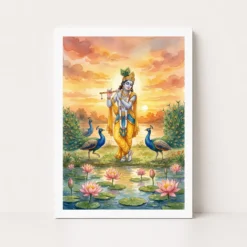krishna flute peacock lotus golden sunset watercolor art 06 white main