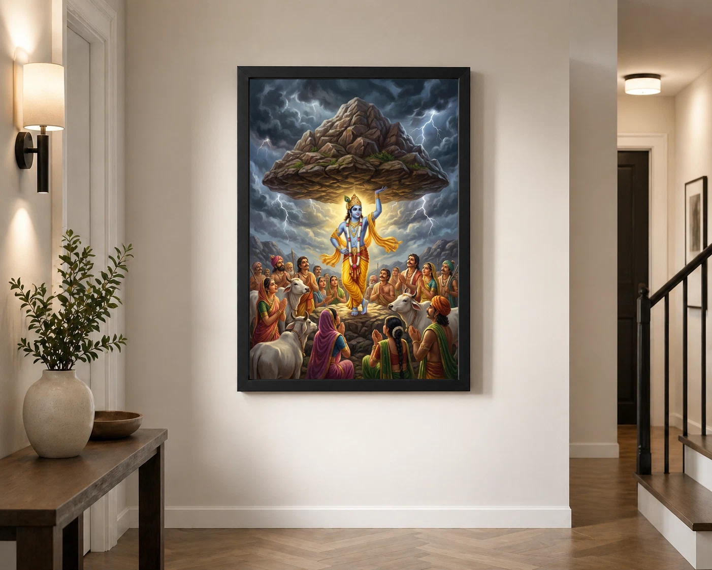 Krishna Govardhan Mountain Lifting Divine Scene Epic Art Photo Frame 3 Krishna Govardhan Mountain Lifting Divine Scene Epic Art Photo Frame - Image 3