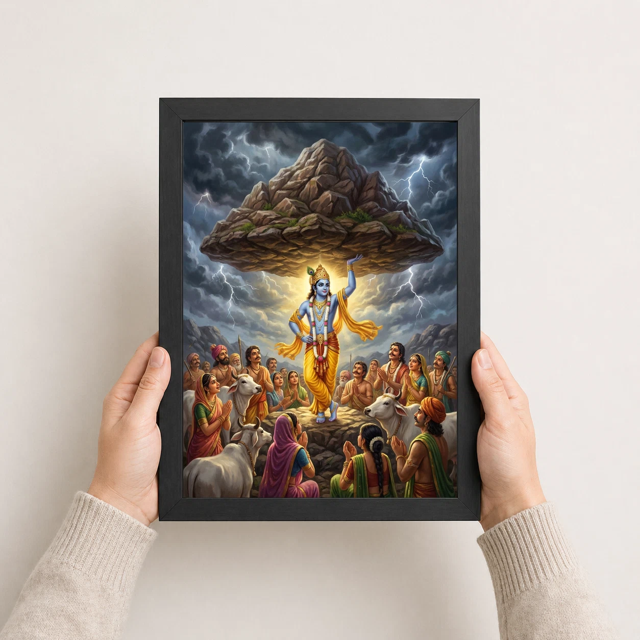 Krishna Govardhan Mountain Lifting Divine Scene Epic Art Photo Frame 4 Krishna Govardhan Mountain Lifting Divine Scene Epic Art Photo Frame - Image 4