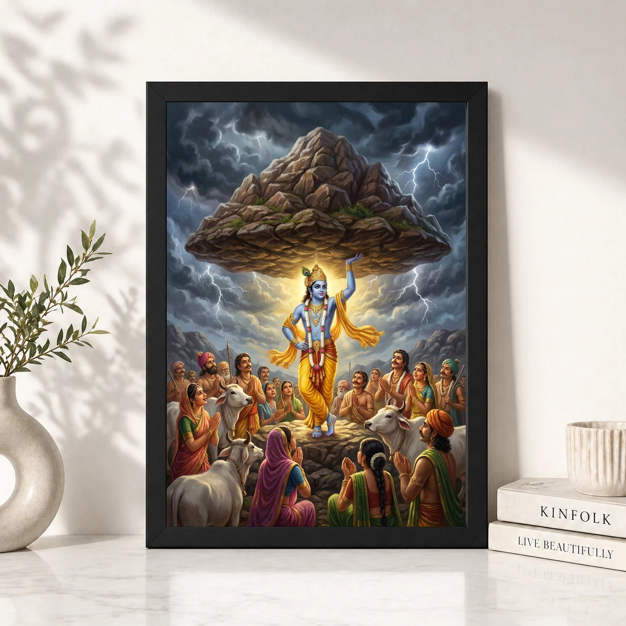 Krishna Govardhan Mountain Lifting Divine Scene Epic Art Photo Frame 2 Krishna Govardhan Mountain Lifting Divine Scene Epic Art Photo Frame - Image 2