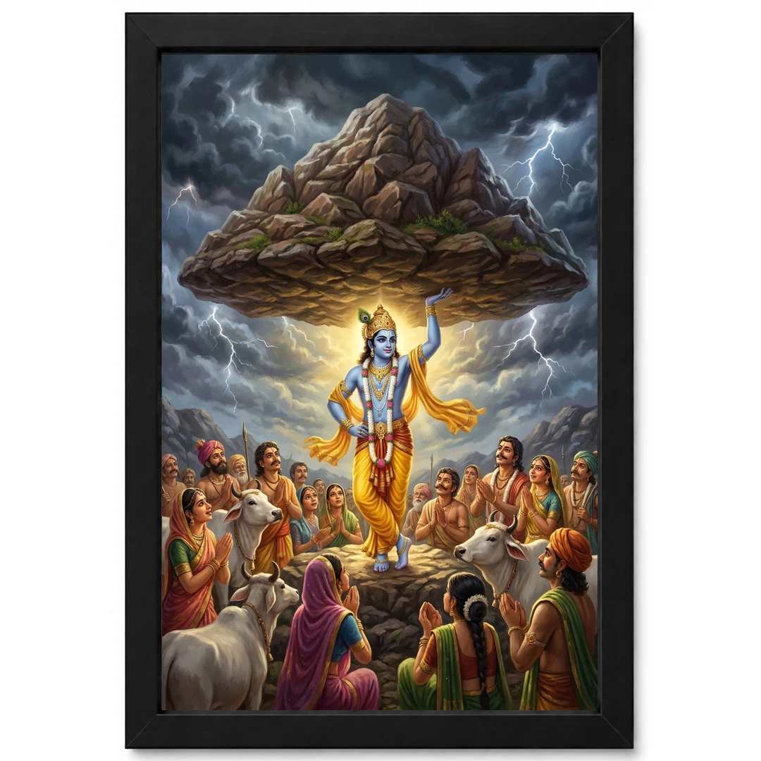 Krishna Govardhan Mountain Lifting Divine Scene Epic Art Photo Frame 1 Krishna Govardhan Mountain Lifting Divine Scene Epic Art Photo Frame