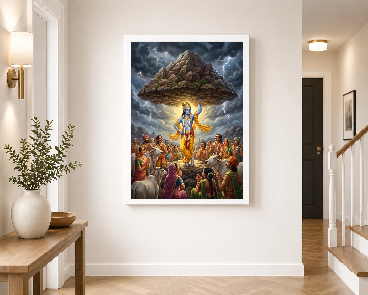 Krishna Govardhan Mountain Lifting Divine Scene Epic Art Photo Frame 7 Krishna Govardhan Mountain Lifting Divine Scene Epic Art Photo Frame - Image 7