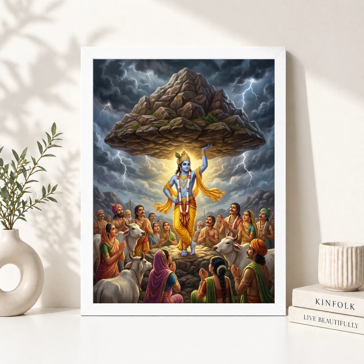 Krishna Govardhan Mountain Lifting Divine Scene Epic Art Photo Frame 5 Krishna Govardhan Mountain Lifting Divine Scene Epic Art Photo Frame - Image 5