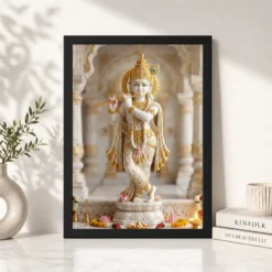 Alternative view of Krishna Marble Temple Sculpture White Gold Classical Art Photo Frame