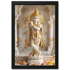 Krishna Marble Temple Sculpture White Gold Classical Art Photo Frame