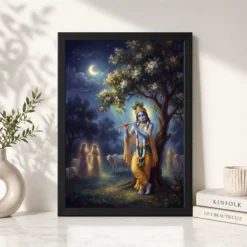Alternative view of Krishna Playing Flute Kadamba Tree Vrindavan Moonlit Art Photo Frame