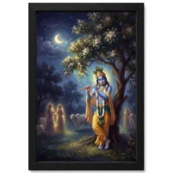 Krishna Playing Flute Kadamba Tree Vrindavan Moonlit Art Photo Frame