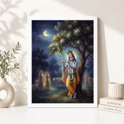 krishna playing flute kadamba tree vrindavan moonlit art 02 white 4