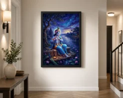 Krishna Yamuna Bank Dusk Flute Ethereal Blue Painting Photo Frame 14 krishna yamuna bank dusk flute ethereal blue painting 16 black 2