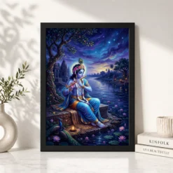 Krishna Yamuna Bank Dusk Flute Ethereal Blue Painting Photo Frame 13 krishna yamuna bank dusk flute ethereal blue painting 16 black 4
