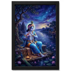 Krishna Yamuna Bank Dusk Flute Ethereal Blue Painting Photo Frame