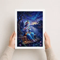 Krishna Yamuna Bank Dusk Flute Ethereal Blue Painting Photo Frame 12 krishna yamuna bank dusk flute ethereal blue painting 16 white 3