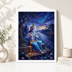 Alternative view of Krishna Yamuna Bank Dusk Flute Ethereal Blue Painting Photo Frame