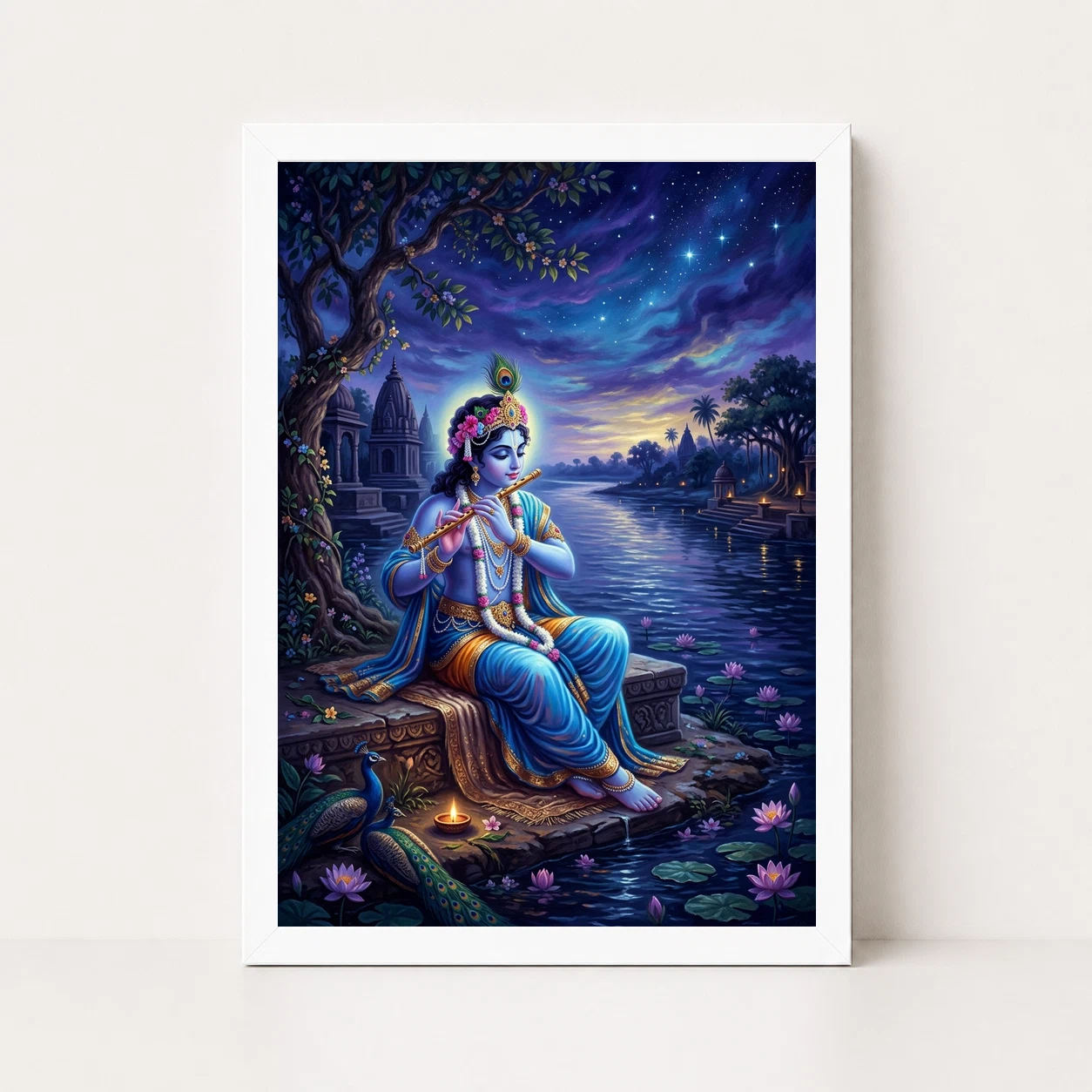 Krishna Yamuna Bank Dusk Flute Ethereal Blue Painting Photo Frame 3 Krishna Yamuna Bank Dusk Flute Ethereal Blue Painting Photo Frame - Image 3