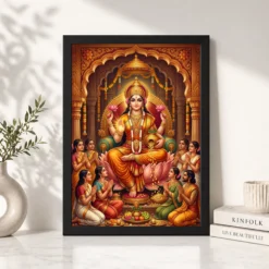 Alternative view of Lakshmi Blessing Devotees Temple Saffron Gold Art Photo Frame