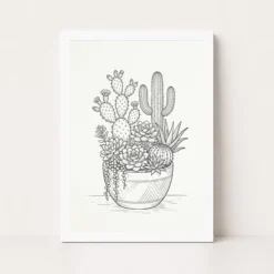 line art cactus succulent trendy botanical fine lines art 09 white main